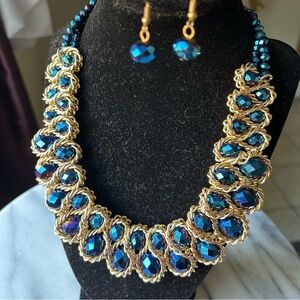 Statement Necklace and earrings set crystal glass royalblue